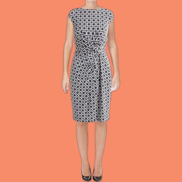 Ralph Lauren Black and Ivory Geometric Twist Front Dress Cap Sleeve Stretch 2 - Picture 1 of 6